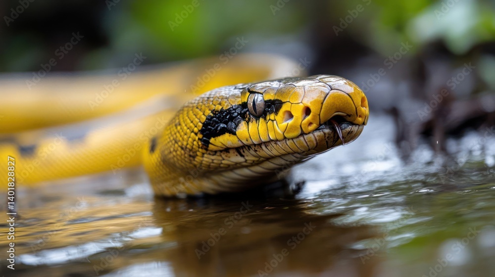 Poster close up shot of a yellow anaconda snake with black markings near water. the snake's head is the mai