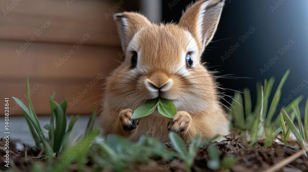 Poster adorable close-up of a fluffy, light brown rabbit sitting amidst green grass and soil. the rabbit ho