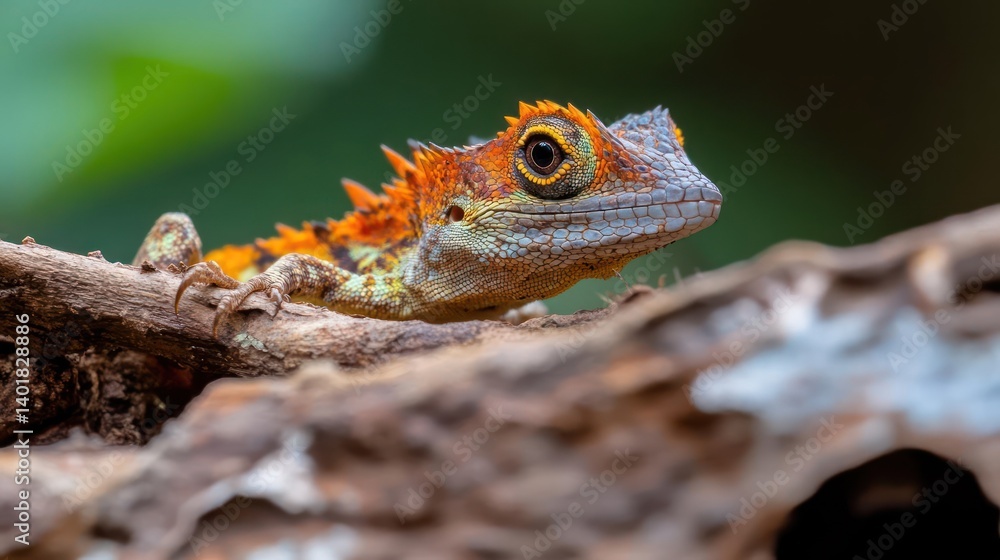Poster a close-up captures a vivid orange-spiked lizard, distinguished by its textured gray head and observ