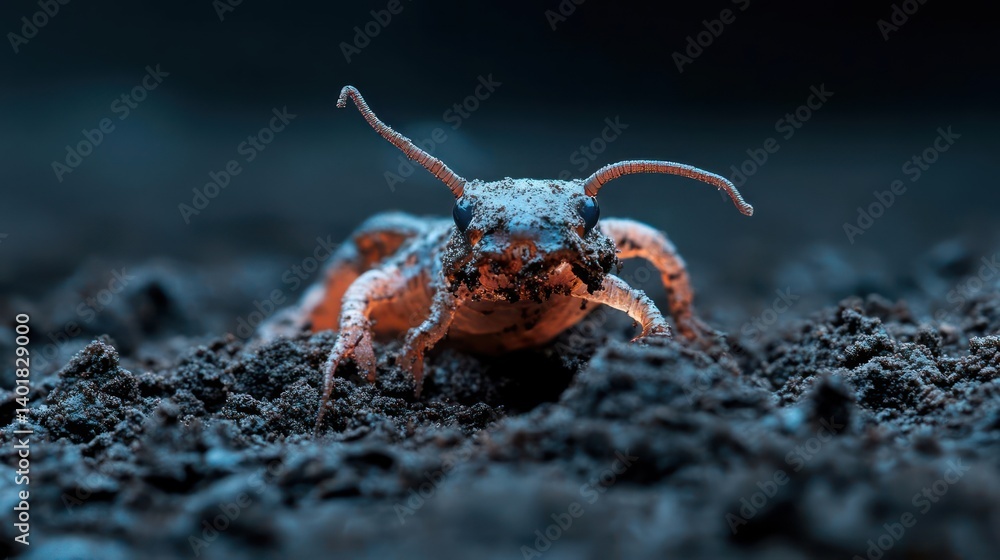 Aufkleber a macro shot features a tiny insect in sharp focus, surrounded by dark soil or dirt. the insect, ill