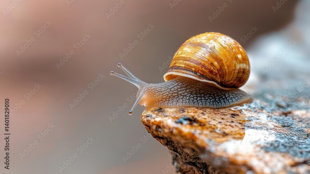 Poster Macro shot of a snail on a rock. The snail has a brown shell and is slowly moving forward. The background is blurred, creating a sense of depth and focus on the snail