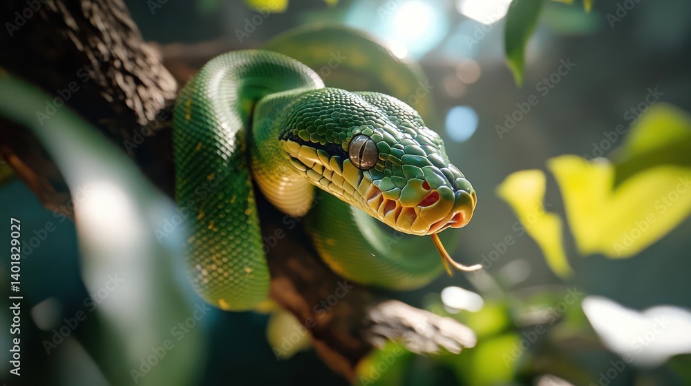 Poster close up shot of a vibrant green snake coiled around a tree branch, featuring yellow scales, a hint 