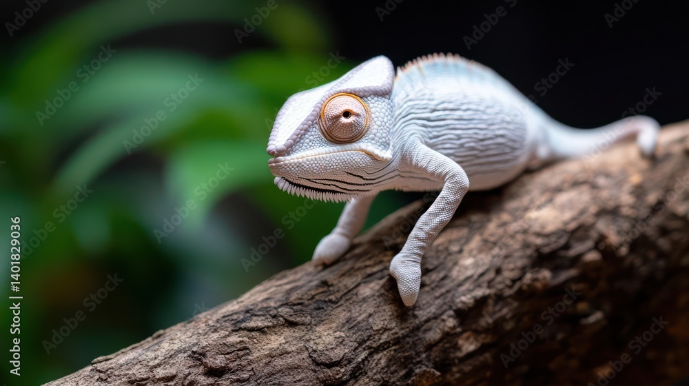 Poster a high-angle shot of a white chameleon on a tree branch, under soft lighting, showcases its patterne