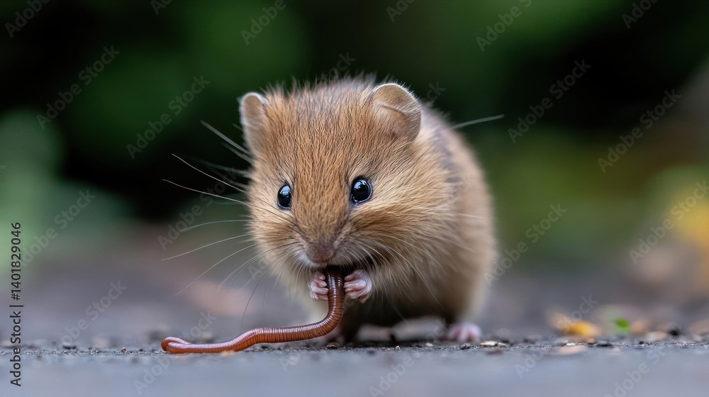 Poster close up shot of a brown field mouse eating a worm outdoors. the mouse is facing the camera and stan