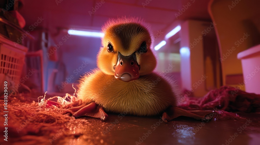 Poster a close-up shot of a fluffy yellow duckling standing on wood shavings under pink and white fluoresce