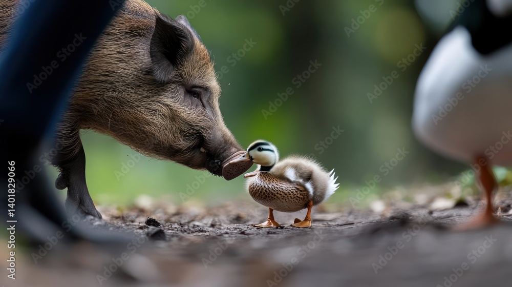 Poster a touching moment captured with a wild boar gently touching noses with a small duckling. the animals