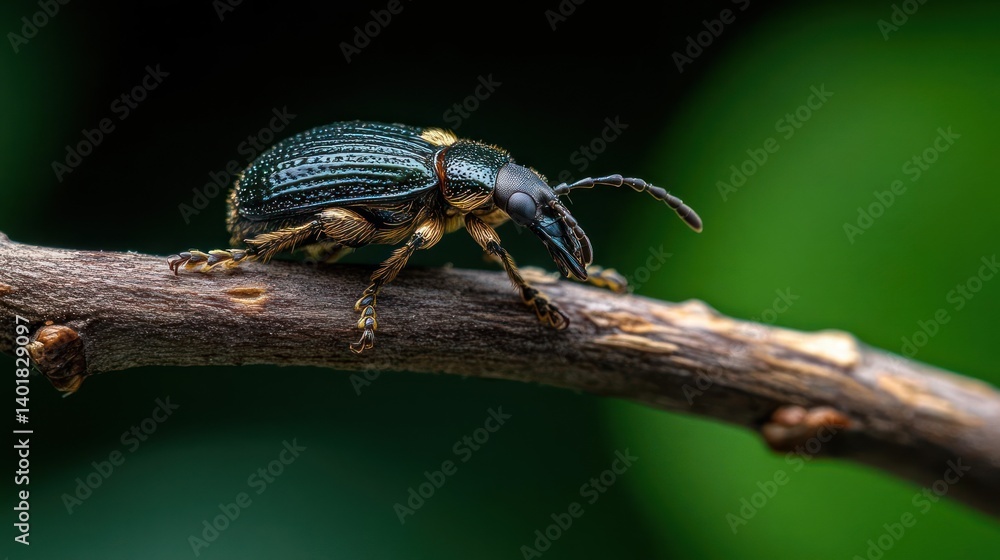 Poster macro shot of a weevil, an insect of the curculionoidea superfamily, resting on a slender tree branc
