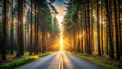 Naklejka premium Sunset Forest Road Scenic Drive, Sunbeams Through Trees, Autumnal Pathway, Nature Photography