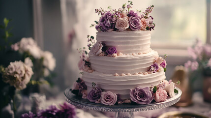 Fototapeta premium Elegant wedding cake with floral decorations for special occasions and celebrations events catering services