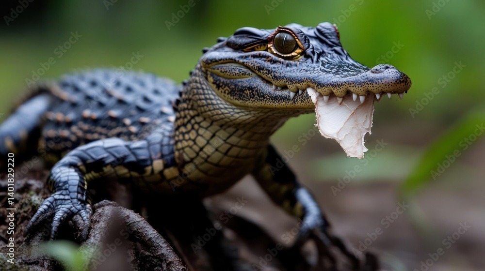 Aufkleber a close up shot of a juvenile alligator with a mottled gold and black skin lying on a small branch. 