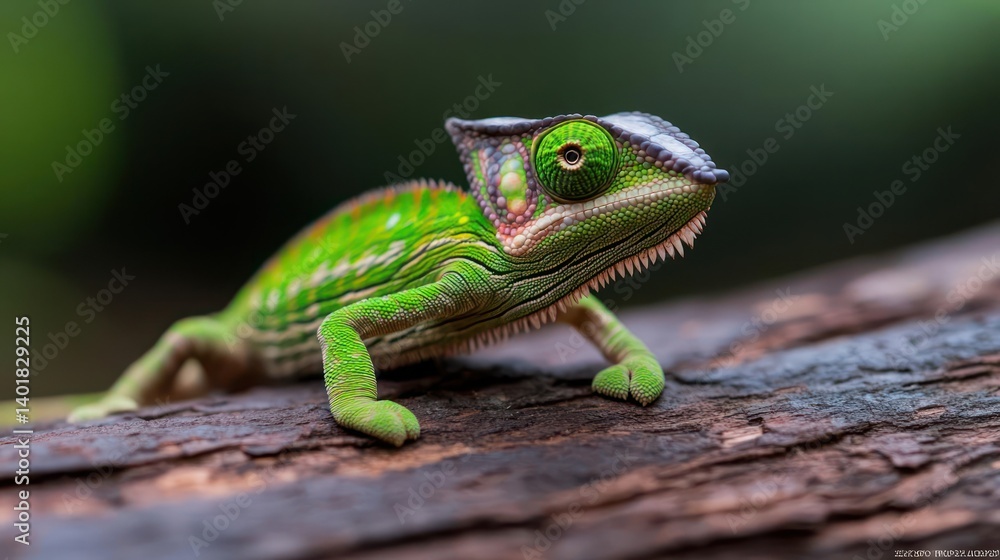 Poster vibrant green chameleon perched on a weathered brown log, showcasing intricate scales and textures a
