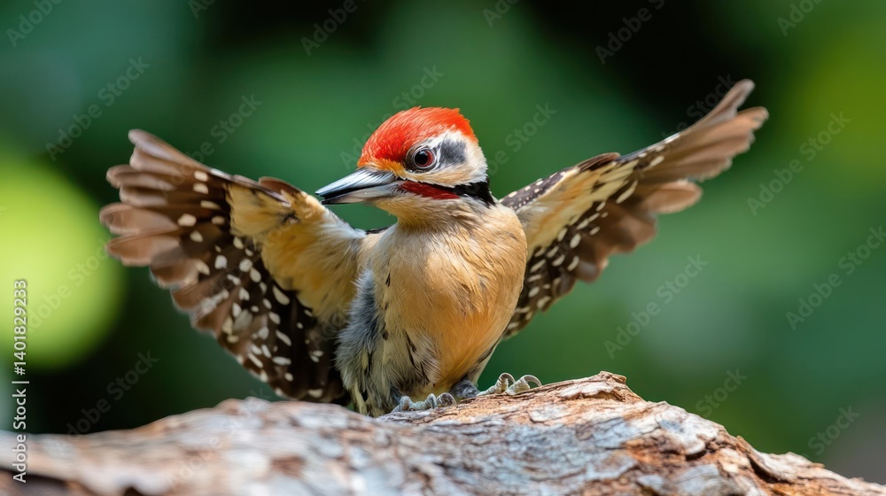 Poster a striking photo of a woodpecker with spread wings, perched on a branch. the bird features a red hea