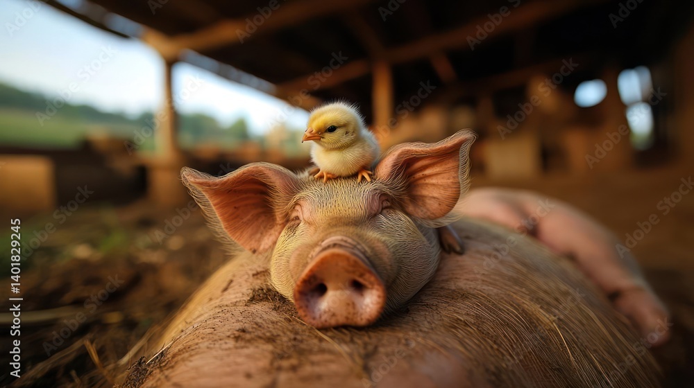 Poster a close-up of a pig with a baby chick on its head under the soft natural light with a blurred barn b