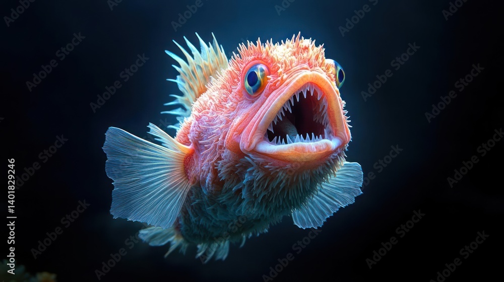 Poster a close-up shot of a pink fish with a wide-open mouth, revealing numerous sharp teeth. its textured 