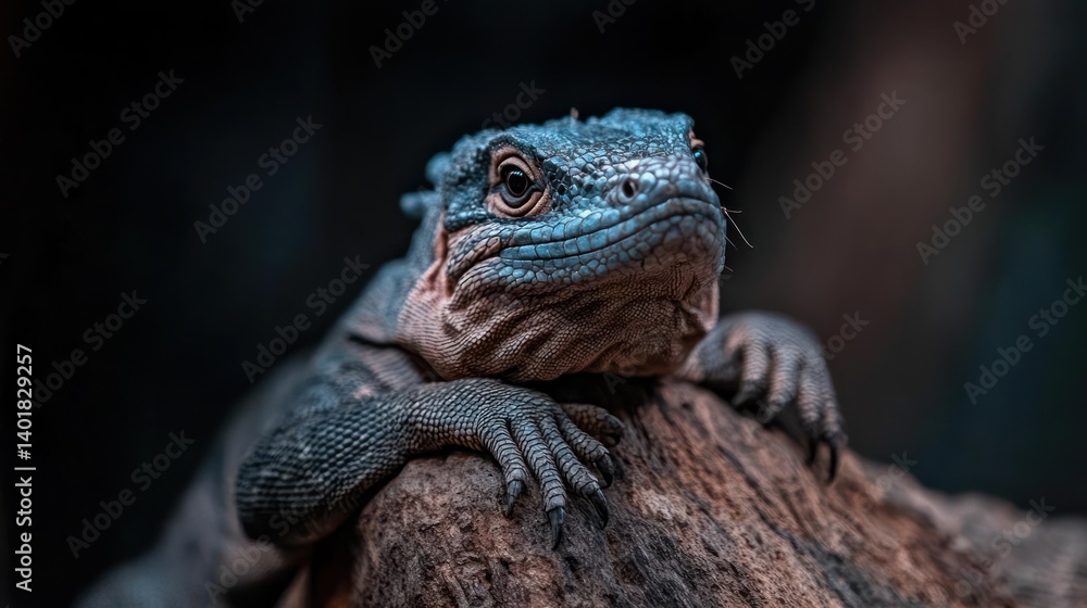 Poster close up shot of a watchful lizard perched on a log, featuring detailed scales and texture under stu