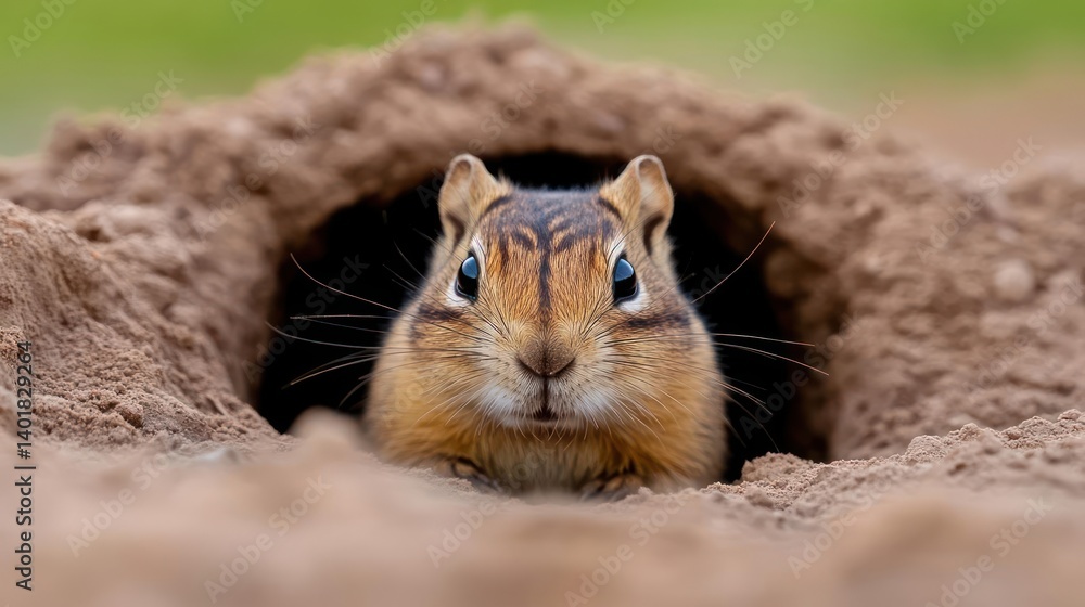 Poster a close-up shot captures a chipmunk emerging from its burrow, its striped fur and alert eyes in shar