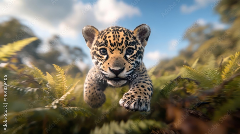 Poster A close up shot of a jaguar cub running through tall grass with trees in the background under a sunny sky. The jaguar has a golden coat with black spots and is focused on the camera