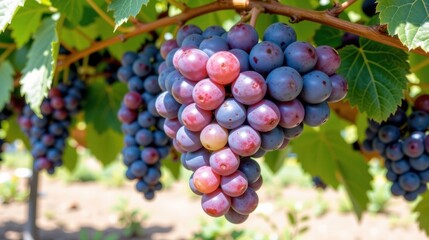 Fototapeta premium Vibrant bunch of grapes hanging on a vine, showcasing rich colors and greenery.