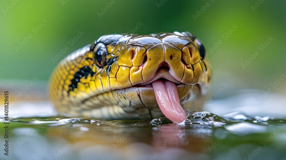 Aufkleber a close-up captures a yellow snake emerging from the water, its head prominently displayed and tongu