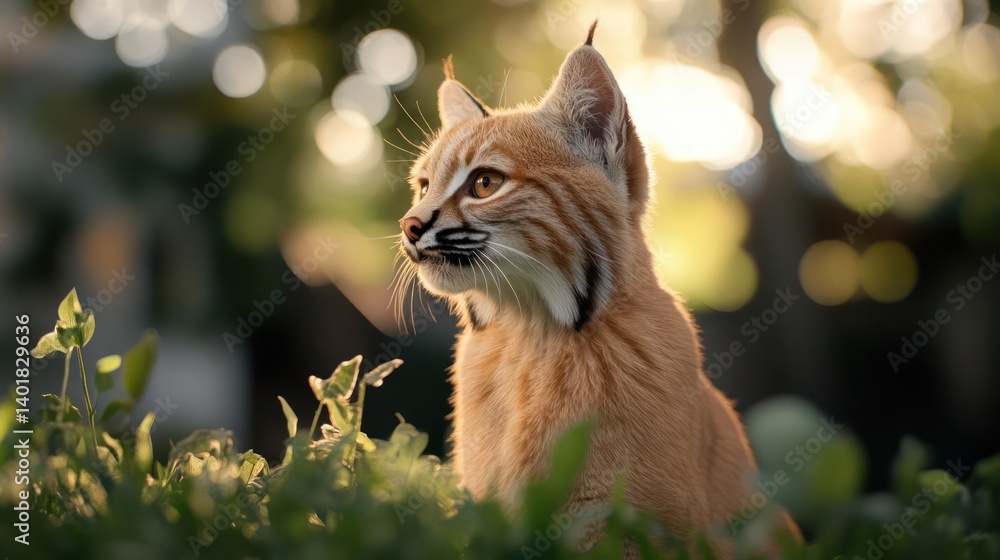 Poster A close-up shot captures a bobcat nestled in green foliage, illuminated by golden sunlight filtering through a blurred background of trees and bokeh, creating a warm, natural ambiance