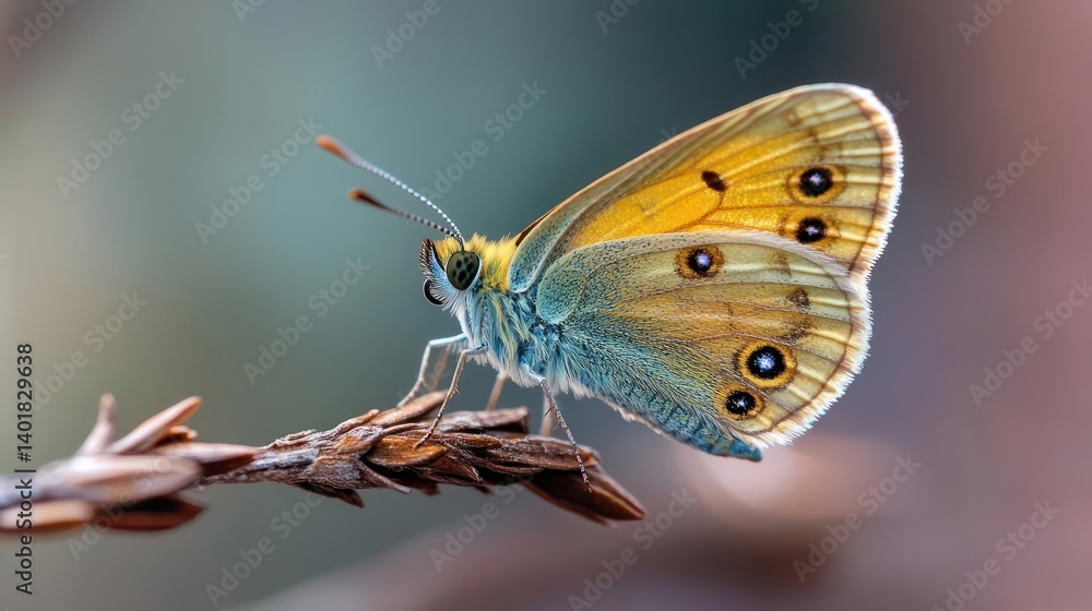 Aufkleber close-up shot of a vibrant orange and blue butterfly perched delicately on a twig, set against a mut