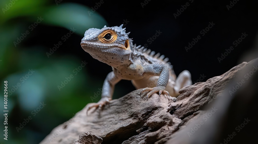 Poster close-up shot of a gray and brown lizard with spiky scales on a rough, textured branch against a dar