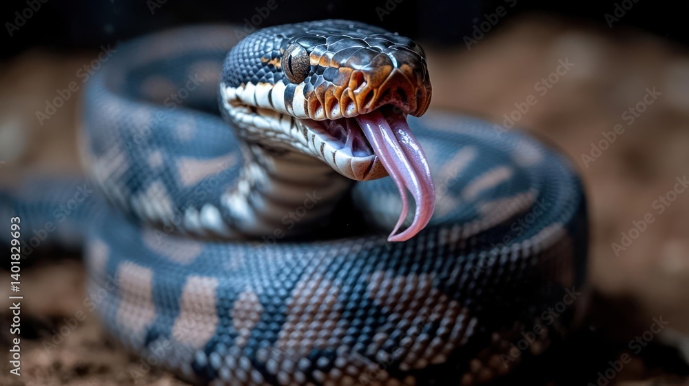 Fototapete Close-up shot of a snake with its tongue sticking out. The snake is coiled and resting on a dark-tan surface. Its scales are visible in detail, showing its pattern. The reptile is centered with a