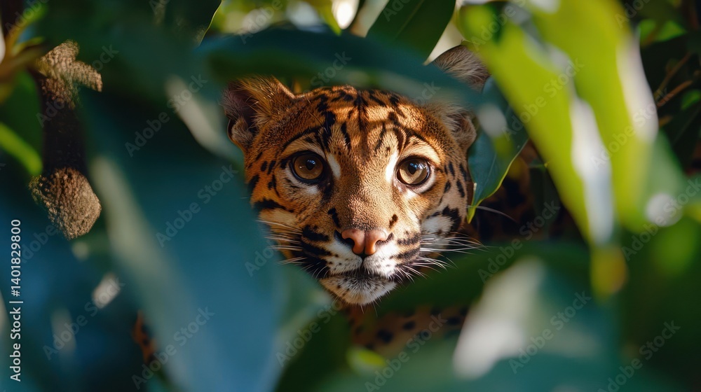 Poster close up of an ocelot's face peering through green leaves. the lighting highlights the ocelot's spot