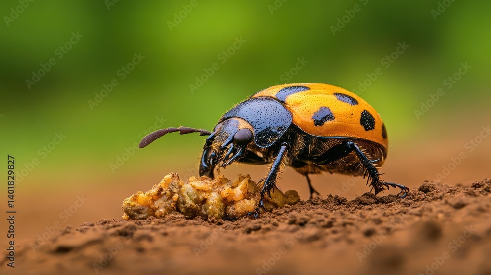 Poster close up shot of an orange and black spotted beetle feasting on a brown surface. the beetle's wet ex