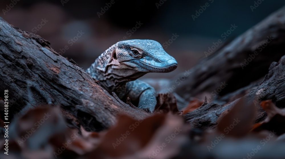 Poster Close-up of a reptile in the wild surrounded by fallen leaves and branches, showcasing the intricate scales and textures of the animal in a low-angle shot with a blurred background