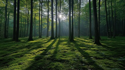 Obraz premium Sunbeams pierce misty forest floor (2)