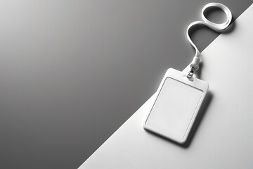 Fototapeta premium White Plastic Id Badge With A White Lanyard Lies On A Gray Background, Presenting A Clean And Minimalist Aesthetic. Professional Identity, Workplace Access, Mockup