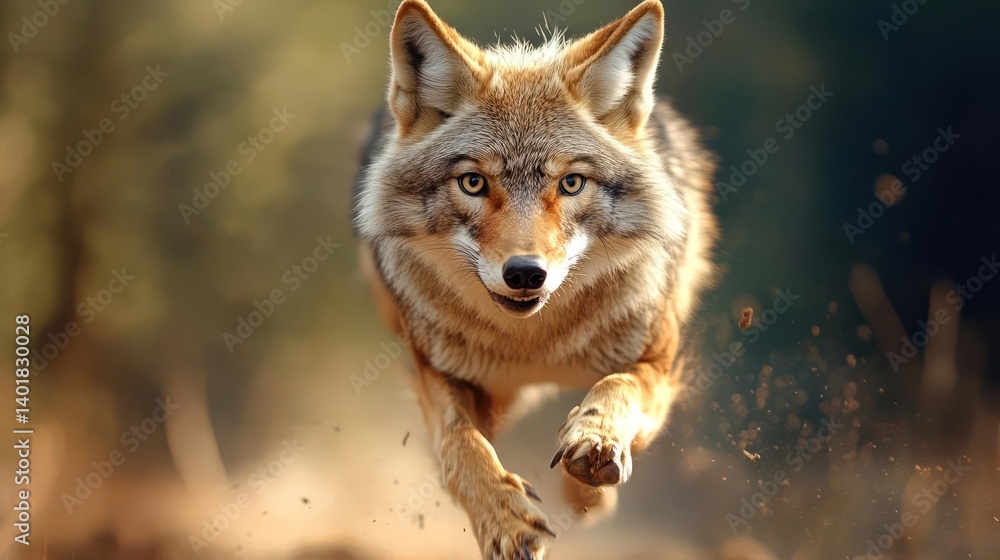 Poster a close-up shot captures a coyote in motion, running forward with its fur blending shades of brown, 
