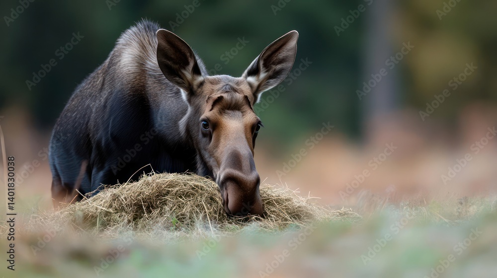 Poster close-up shot of a large moose grazing in a meadow. the moose's dark fur contrasts with the light-co