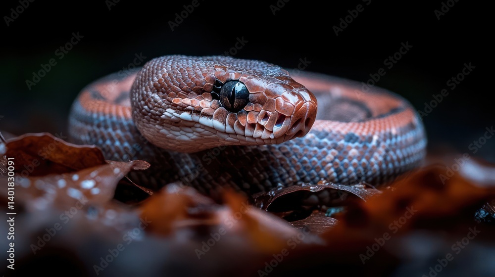 Poster close-up shot of a coiled snake with a reddish-brown head and patterned skin on a bed of leaves. the