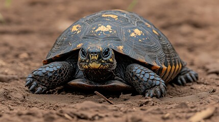 Fototapeta premium Close-up of a tortoise on the ground. Detailed view of its shell and face. Dark, patterned shell with gold highlights. Strong, powerful claws. Reptile in natural habitat