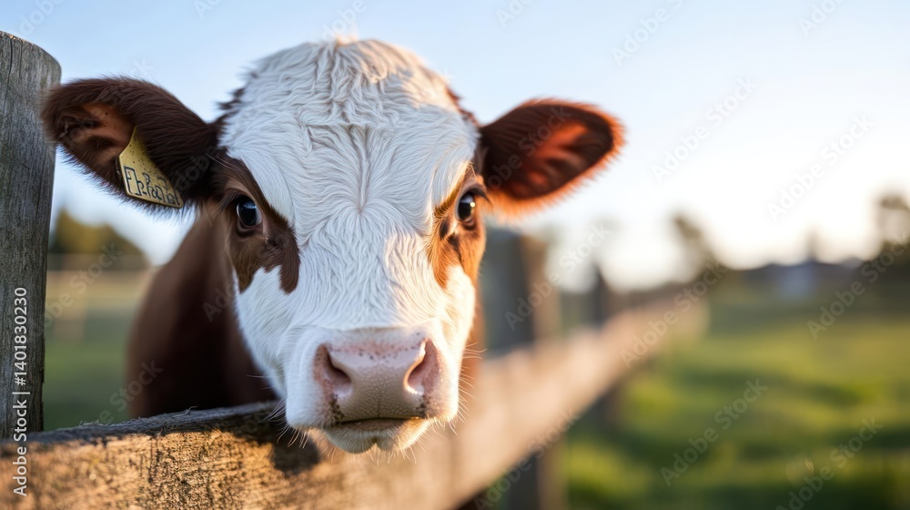 Poster Close-up of a brown and white calf looking over a wooden fence. The calf has a pink nose and a tag on its ear. Sunlight filters through the background trees and grass. The image is soft and focused