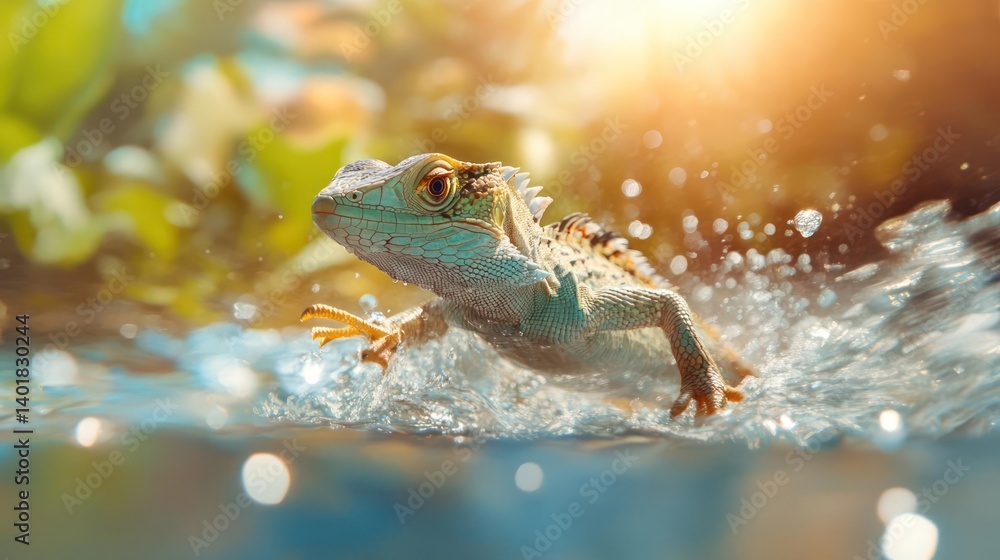 Poster Close-up shot of a reptile running across the water with a blue background and bright, sunlit bokeh. The reptile has scaly skin and is captured in mid-motion, creating a dynamic and vibrant image