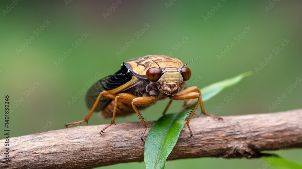 Aufkleber close up of a brown cicada perched on a twig with green leaf under soft natural light, featuring int