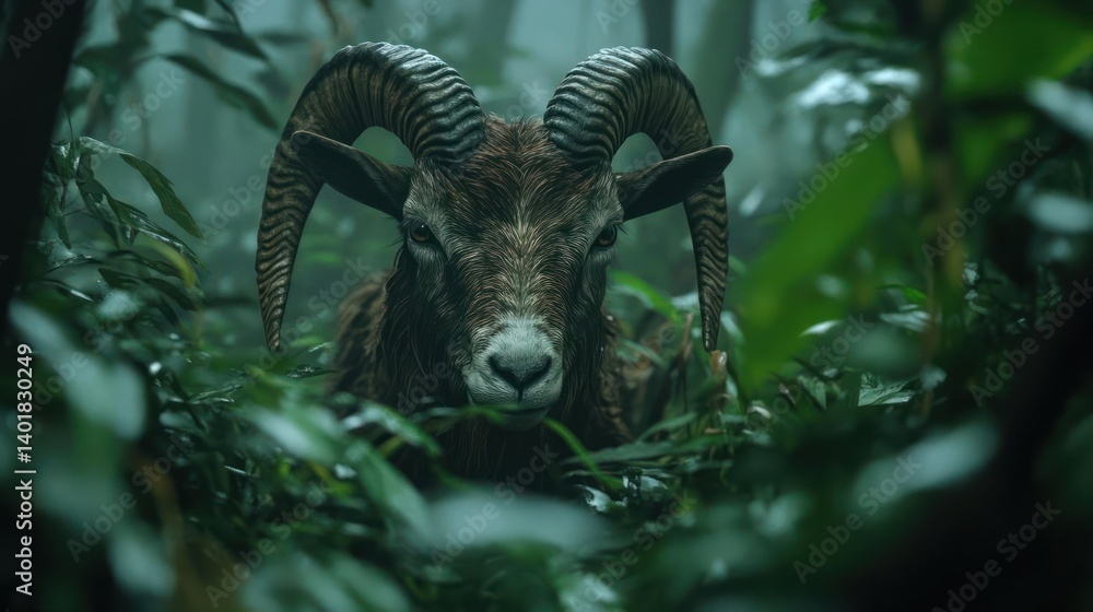 Poster a close shot of a ram with long horns staring directly, hidden within a lush, dense green forest. th