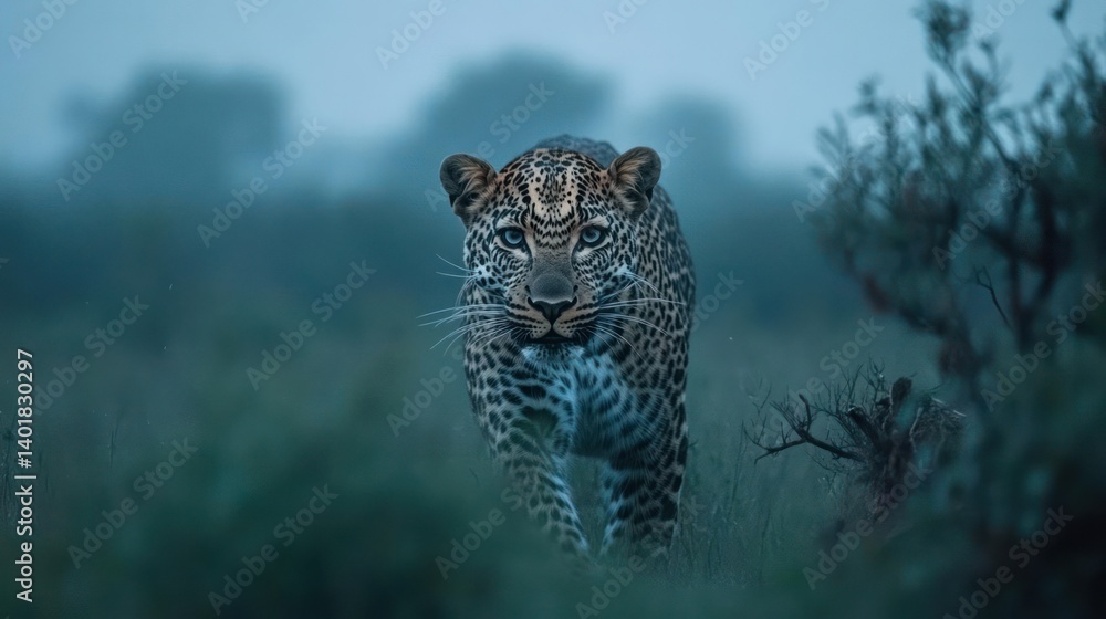 Poster close up shot of a leopard walking towards the camera in a field of tall grass and bushes under a ha