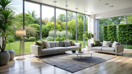 Naklejka premium Modern Living Room Garden View, High Depth of Field Interior Design Photography