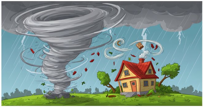 Cartoon tornado hits small house with dramatic swirls, bold outlines, flying objects, and playful energy.