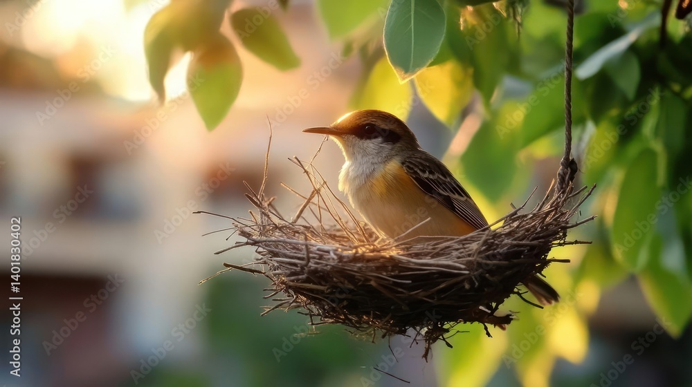 Poster a small bird sits in a nest made of twigs, perched among green leaves. sunlight filters through the 