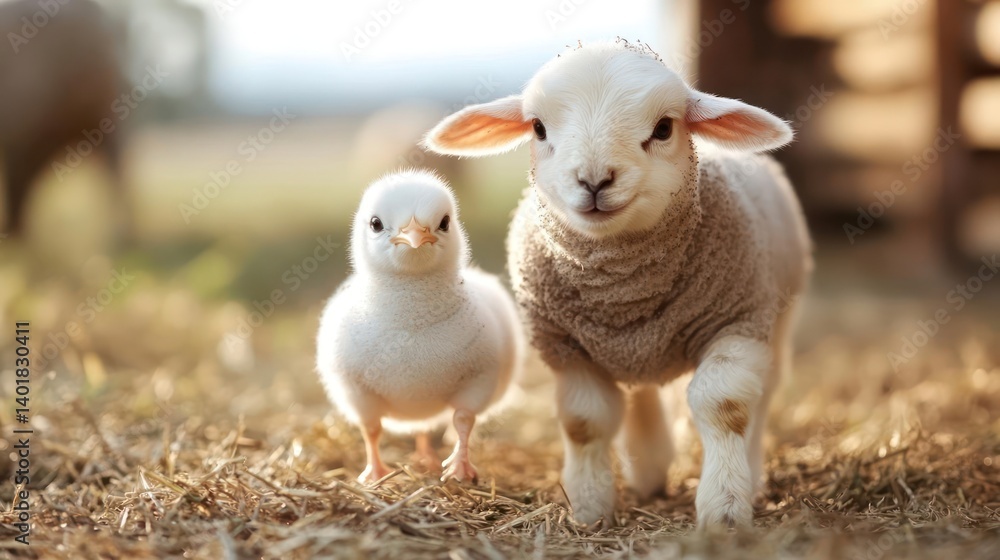 Aufkleber close up shot of a lamb and chick standing side by side in a grassy field with a blurred fence backg