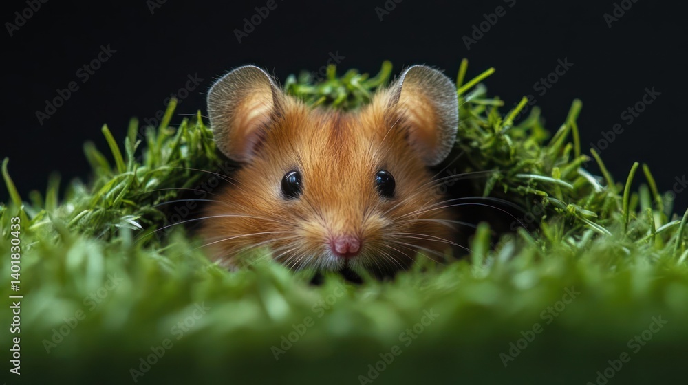 Poster close up shot of a brown hamster peeking out from a patch of lush green grass against a dark backgro