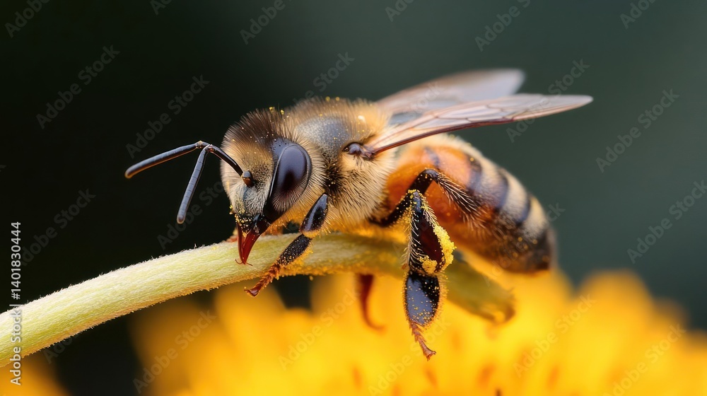 Poster close up of a honeybee on a yellow flower with a blurred background. the bee is brown with black str