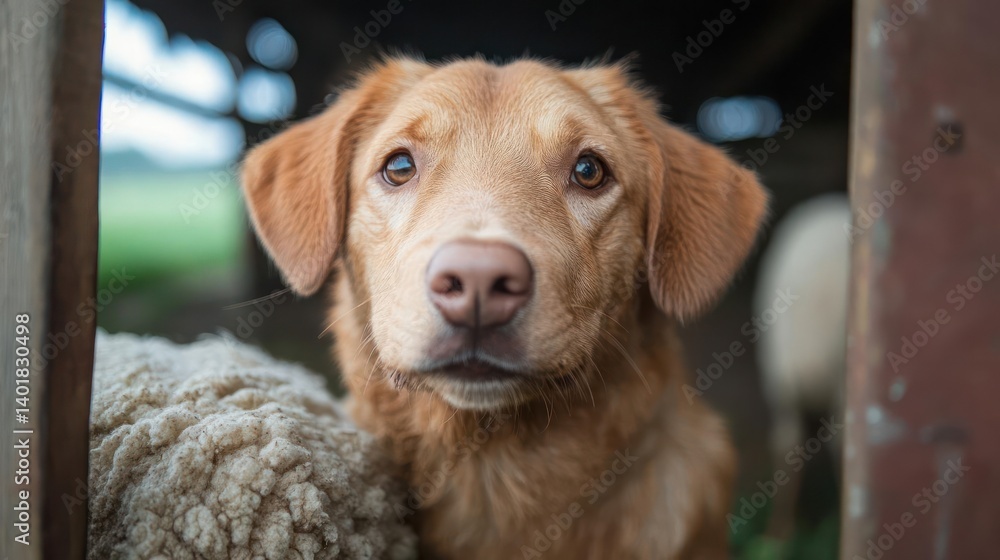 Poster close-up of a golden brown dog gazing forward with a sheep behind, framed by a weathered wooden stru