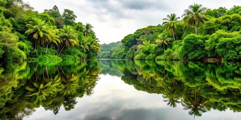 Tropical River Reflection: Lush Rainforest Flora, Documentary Photography Style