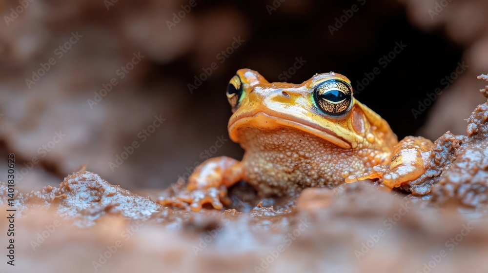 Poster close up shot of an orange frog with a pattern on its skin, peering out of a hole in the mud. the li